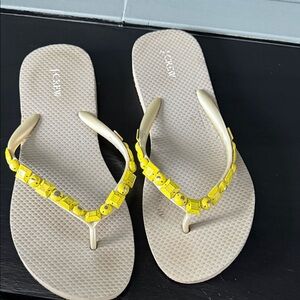 J. Crew Beige Flip Flop Sandals with Yellow Beaded Straps